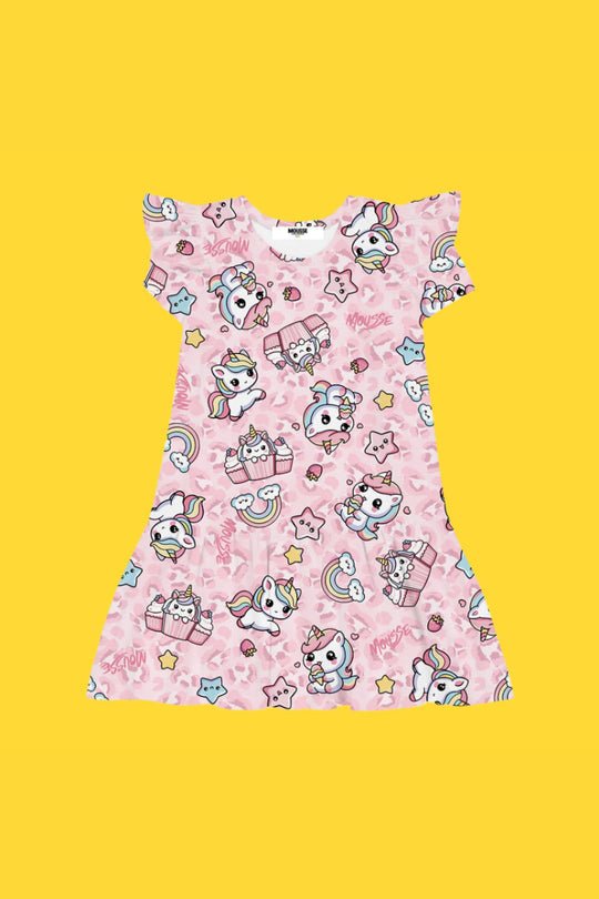 Mousse Abito Jersey Rouches Unicorno Rosa Bambina